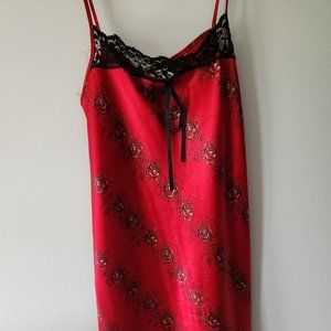 Red Slip Dress with Black Roses